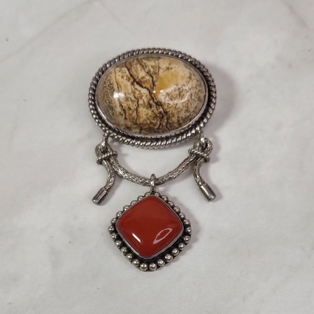 Suarti Bali Jasper/Carnelian/Sterling Silver Convertible Pendant/Brooch